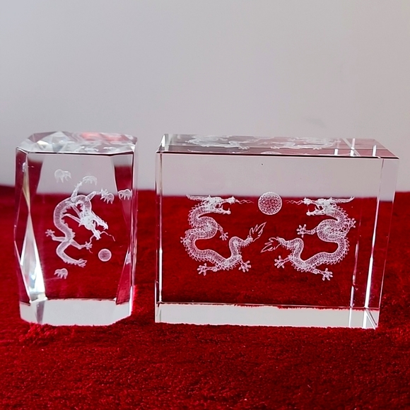 Set of 2, Laser Cut 3D Dragon Paperweights Block Desk Cube. - Picture 9 of 14